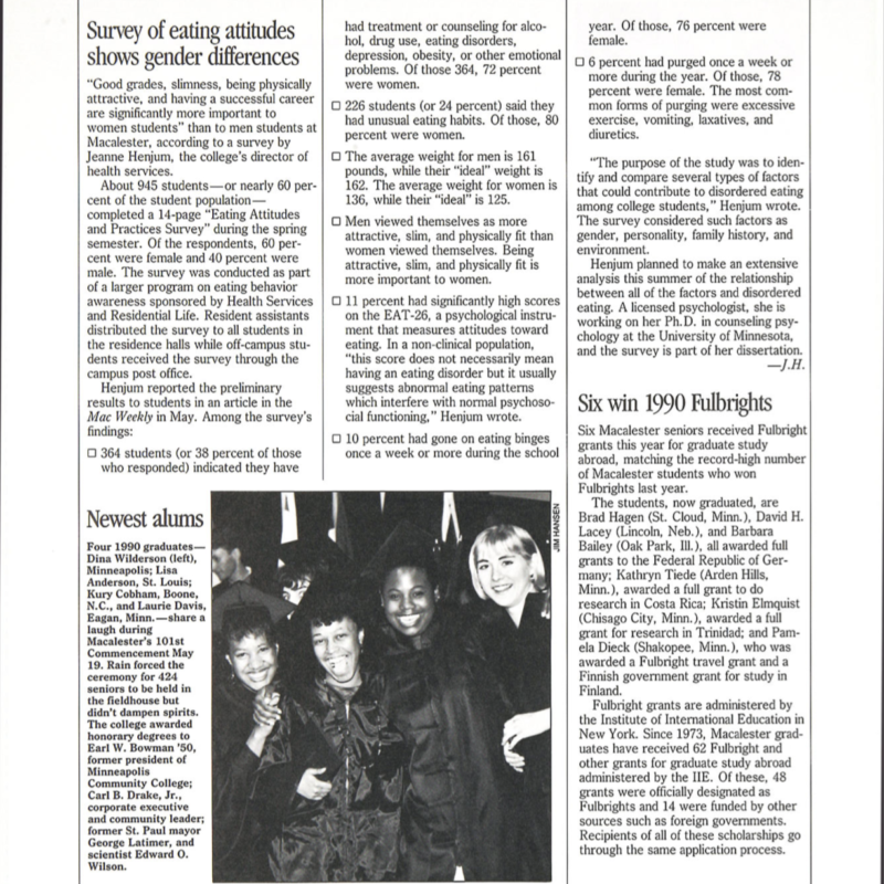 Macalester Today August 1990 page with photo of 4 1990 graduates